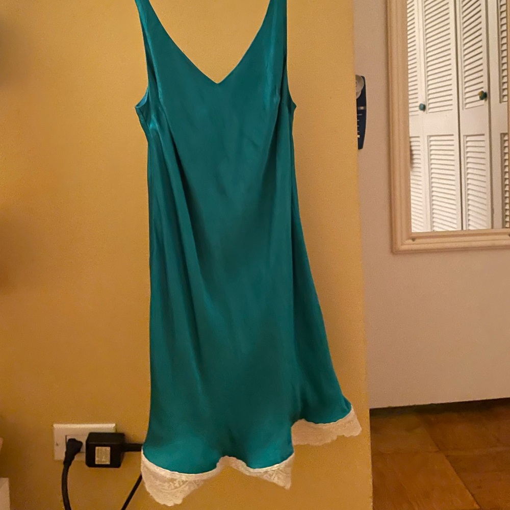 silky blue mini dress with lace trim